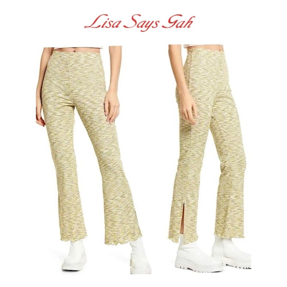 Lisa Says Gah Josie Pant Honeydew M Ribbed Space Dyed Split Flared Hem High Rise